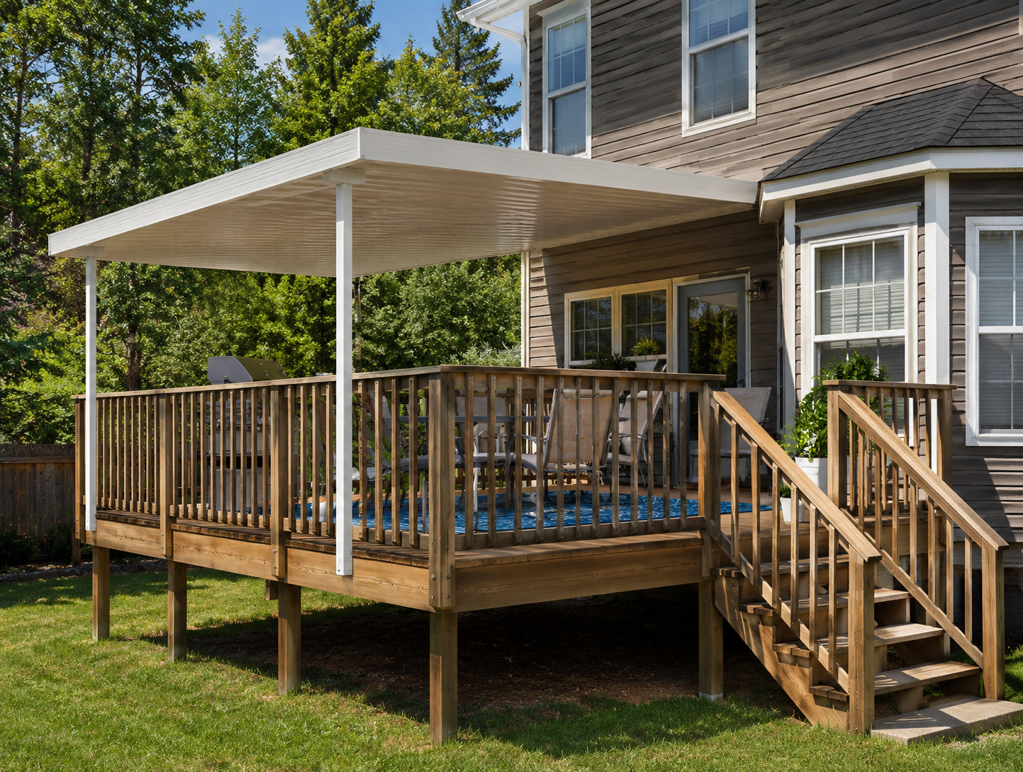 Aluminum awning covering a backyard deck and patio area