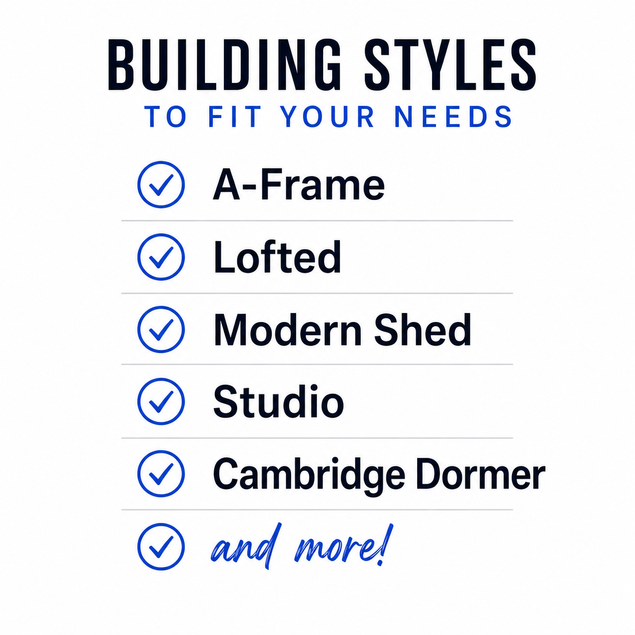 Portable building styles including A-Frame, Lofted Barn, Modern Shed, Studio, and Cambridge Dormer