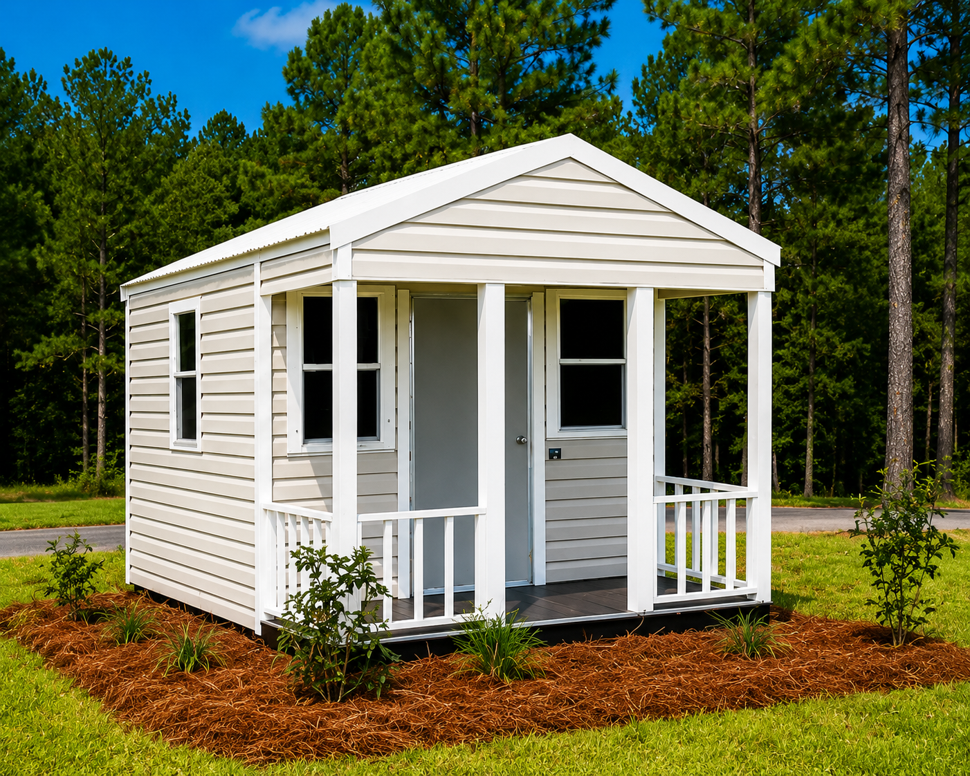 Porch-style aluminum portable cabin building in South Carolina