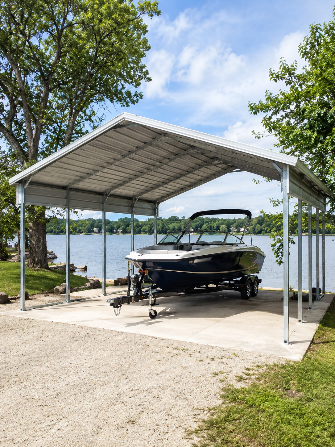 Custom metal boat cover installed near a lake in South Carolina