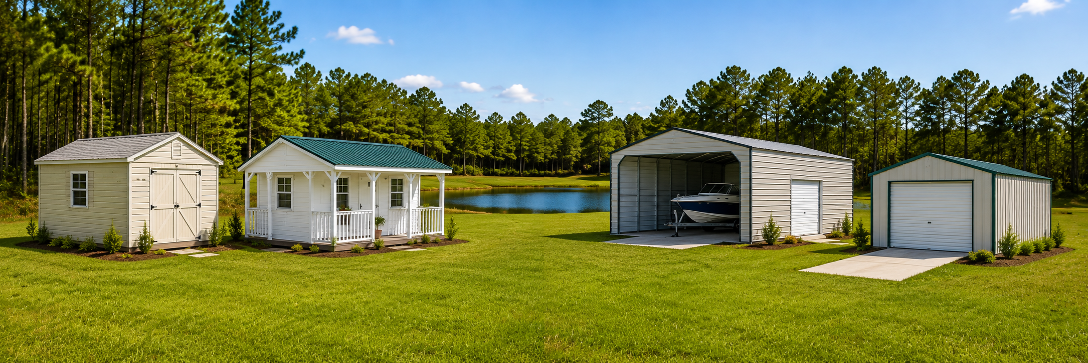 Wood and aluminum portable buildings including sheds, garages, and porch-style structures by Jacobs Carports