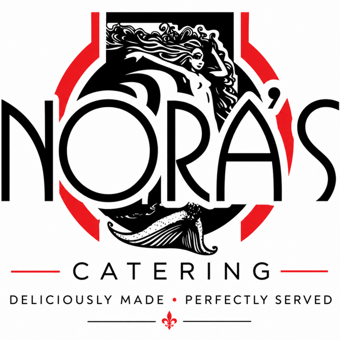 Logo for Noras Catering featuring a stylized woman with flowing hair, a fish, and text that reads 'Noras Catering Deliciously Made Perfectly Served' with red, black, and white color scheme.