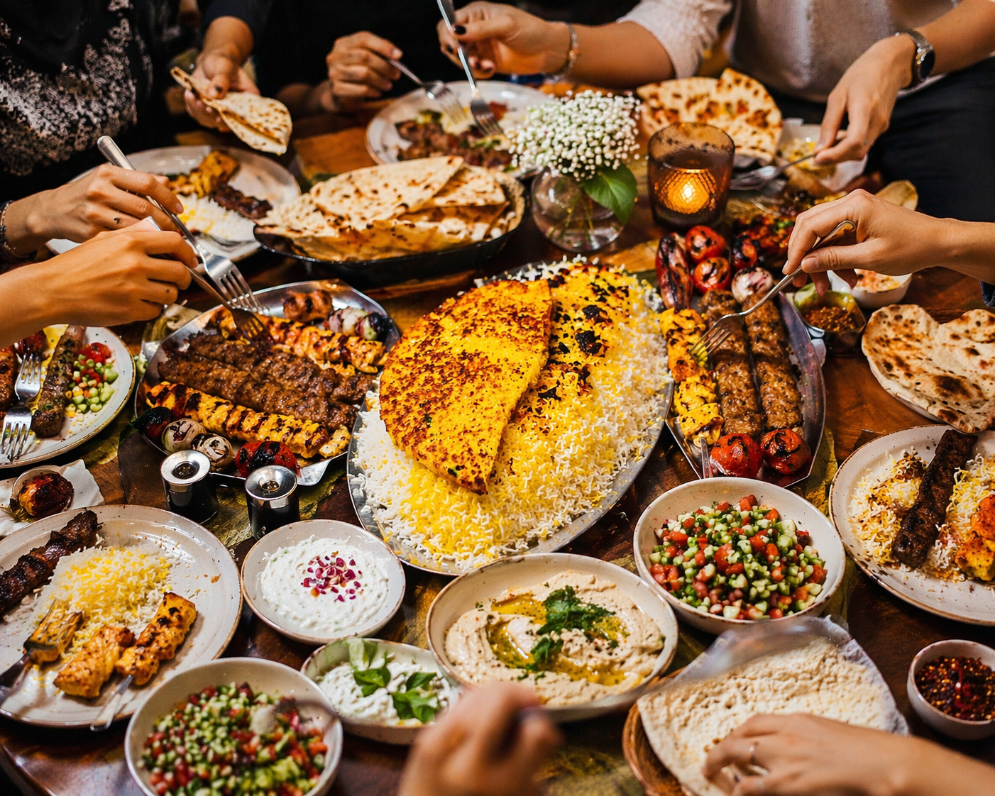 People gathered around a table full of various Middle Eastern dishes, including rice, bread, grilled meats, and salads, sharing a meal together.