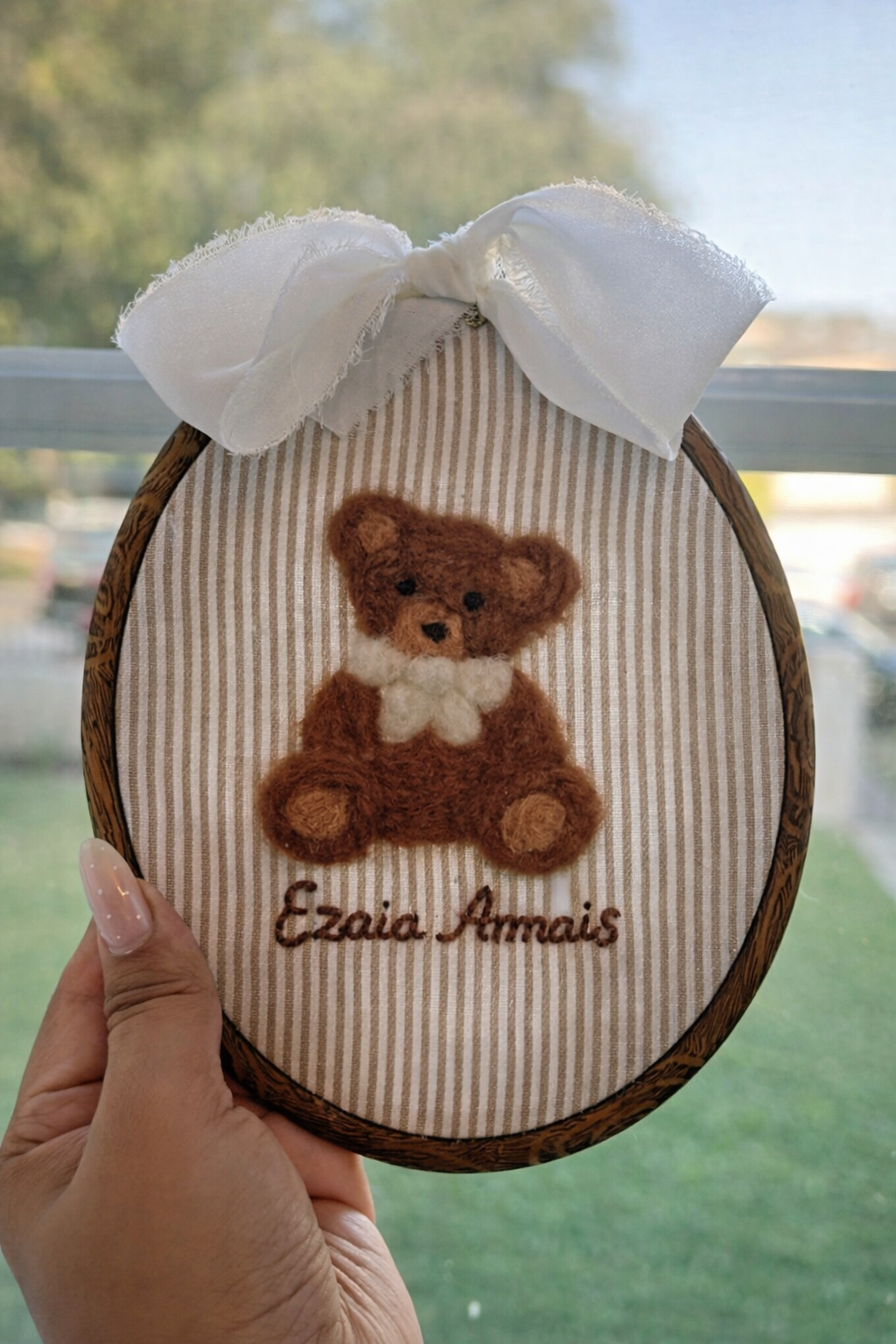 Felted teddy Bear announcement hoop|keesake