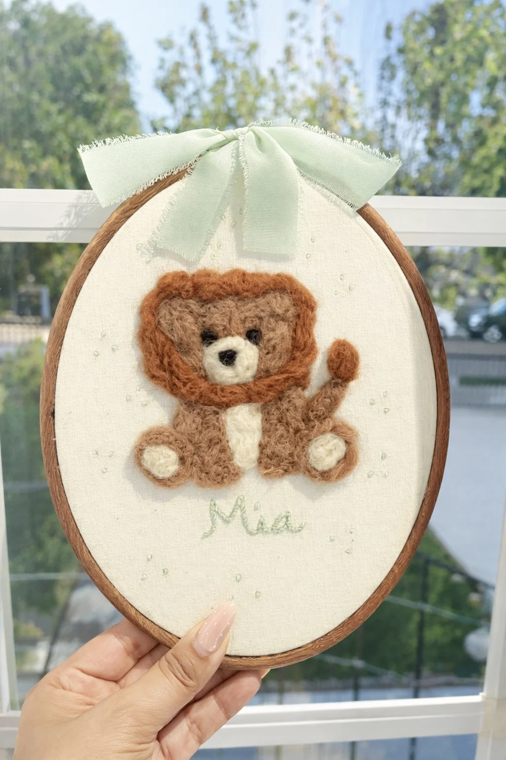 Baby Felted Lion/elephant announcement custom hoop