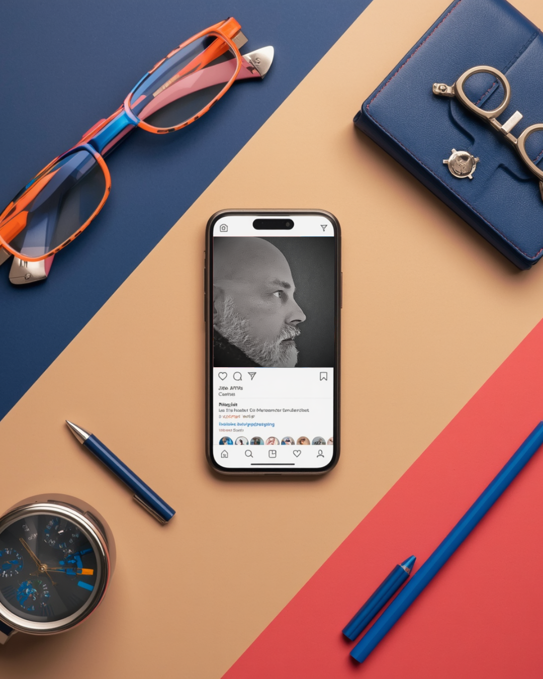 Top-down view of a desk with orange and pink sunglasses, a blue purse with silver glasses on it, a smartphone displaying a black-and-white profile photo of a man, a black pen, a blue pen, a round blue and silver watch, and a multicolored background with blue, beige, and pink sections.