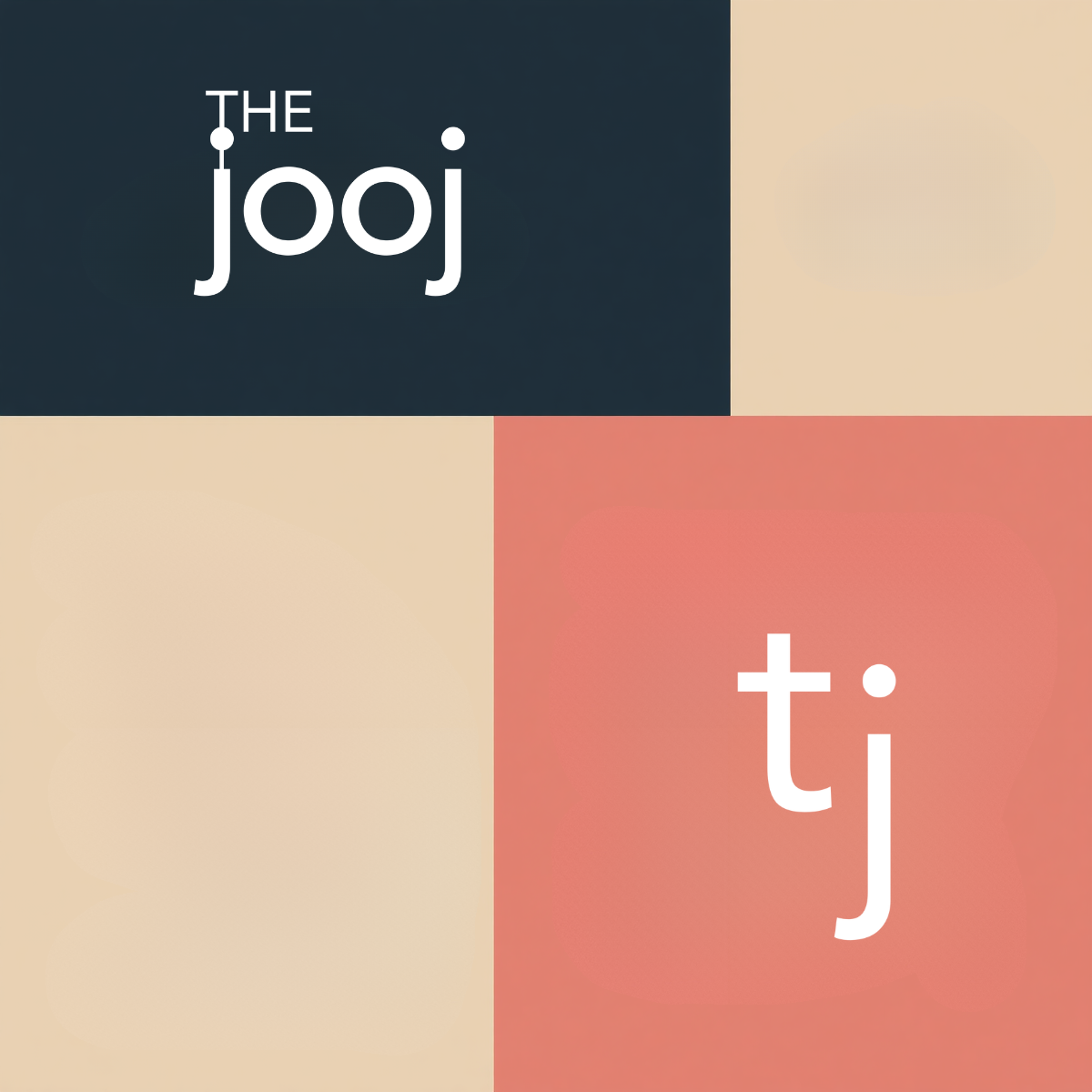 Graphic with the logo for The Jooj split into four colored quadrants: navy blue, light beige, beige, and pinkish-red.