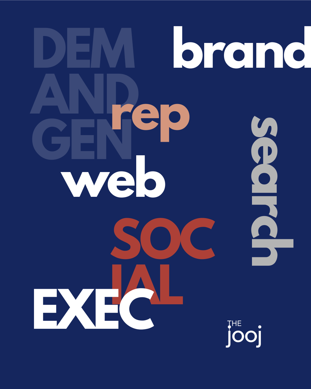 Word cloud with words such as 'dem', 'brand', 'rep', 'web', 'soc', 'ial', 'search', 'executor', and 'the jooj' on a dark blue background.
