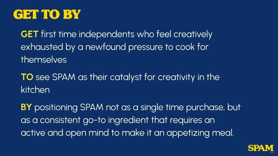 Text slide with the heading "GET TO BY" and the words"GET", "TO", and "BY" highlighted in yellow, explaining how to incorporate Spam into cooking for creativity.