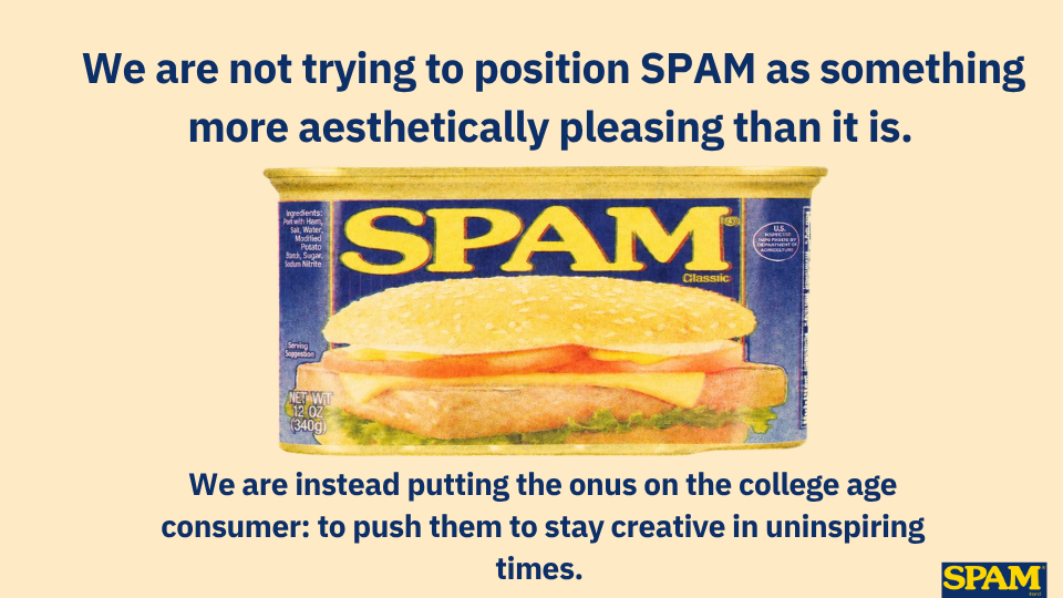A humorous message on a beige background with a can of Spam and a sandwich on the label. The text criticizes the use of spam as a marketing tactic and encourages creative advertising.