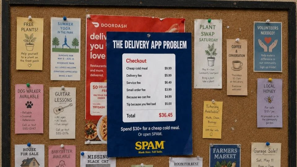 A bulletin board with various flyers and notices, including a large sign for a delivery app problem with a detailed order bill, and smaller notes offering free plants, yoga classes, guitar lessons, dog walking, tutoring, and a garage sale.