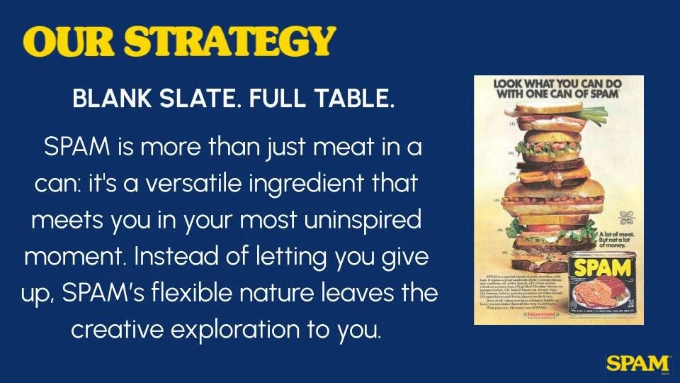 Poster explaining that SPAM is versatile and creative, showing a tall stack of different food items made with SPAM and a can of SPAM at the bottom.