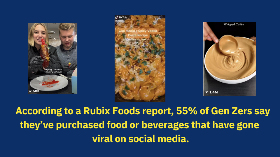 Three images: a woman and a man holding a colorful stuffed pepper, a close-up of spicy vodka pasta in a bowl, and a bowl of whipped coffee."