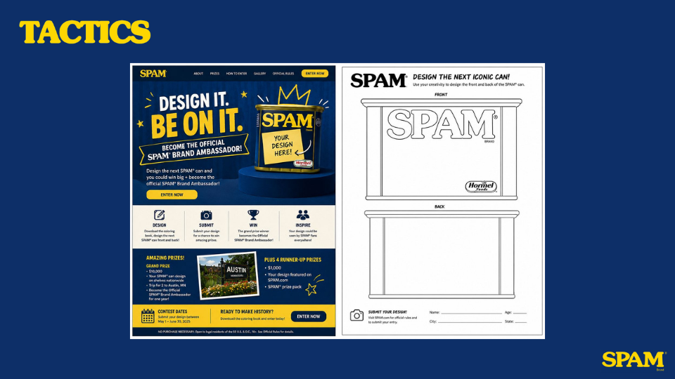 Left side of the image contains a colorful advertisement for a contest to design a spam can, with text and graphics highlighting prizes and entry details. The right side shows a black-and-white template for designing the front and back of a spam can,