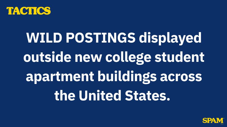Text graphic with a dark blue background divided into sections. The top left corner has the word "TACTICS" in yellow. The main text reads "WILD POSTINGS displayed outside new college student apartment buildings across the United States" in white, bol