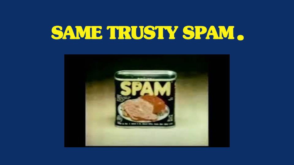 A can of Spam meat with the label showing slices of Spam on a plate.