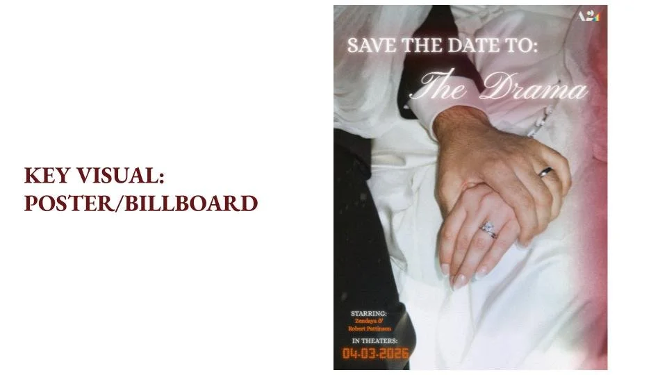 Poster or billboard with a man and woman holding hands, wedding rings visible, with text indicating a wedding date and theatrical release for a drama named 'The Drama'.