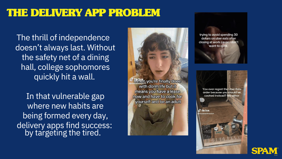 A collage showing three images related to delivery app problems. The main text discusses the challenges of independence without a dining hall and the success of delivery apps targeting tired customers. The first image shows a woman with curly hair ma
