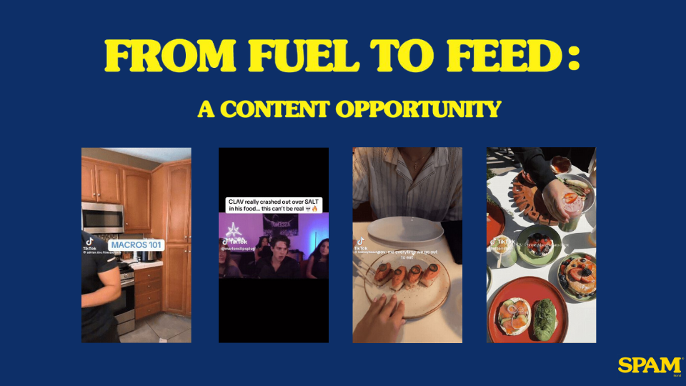 Presentation slide titled "From Fuel to Feed: A Content Opportunity" with four images: a kitchen with wooden cabinets and a person in front, a TikTok video with people in a room, a person preparing sushi, and colorful bowls with food, possibly desser