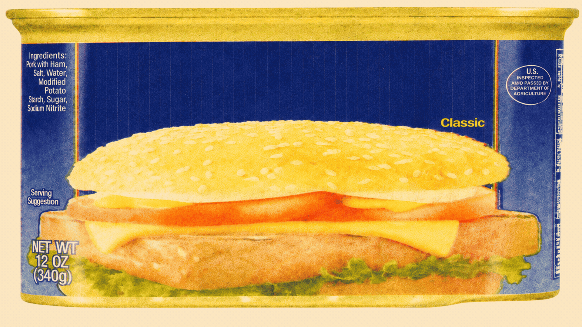 Image of a canned ham product with ingredients listed on the side, showing a picture of a sandwich with ham, cheese, and lettuce.