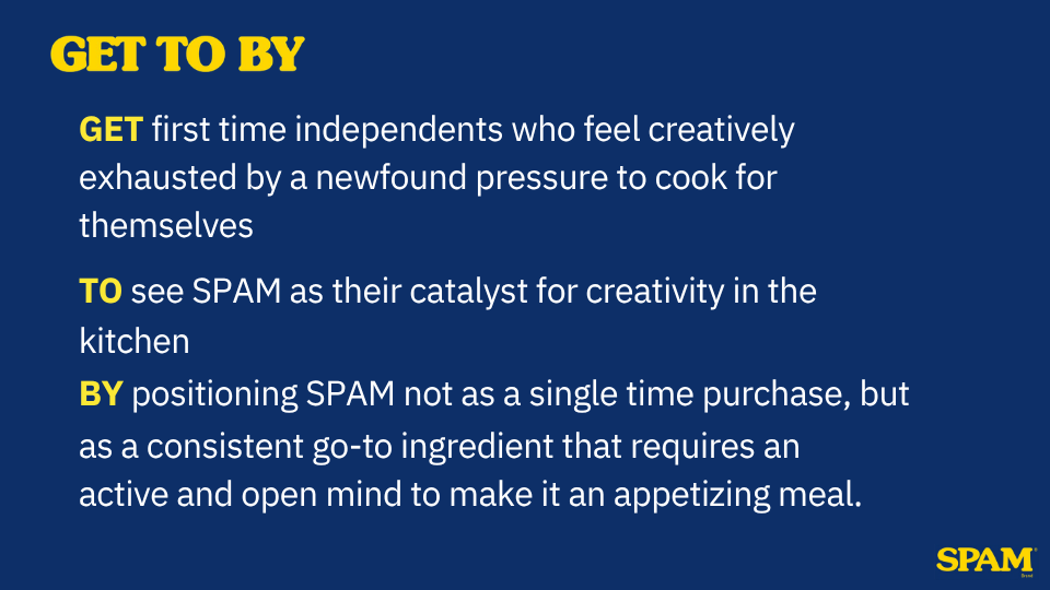 Text on a blue background promoting SPAM as a creative kitchen ingredient, encouraging independents to get creative with SPAM, see it as a go-to ingredient, and make it a part of their meals.