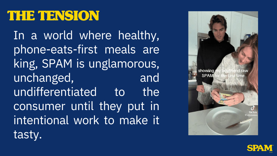 Text on a blue background discusses 'The Tension' in consumer habits, highlighting spam food as unglamorous and undifferentiated until given intentional effort. An inset shows a young man and woman in a kitchen, with the woman holding a Spam product 