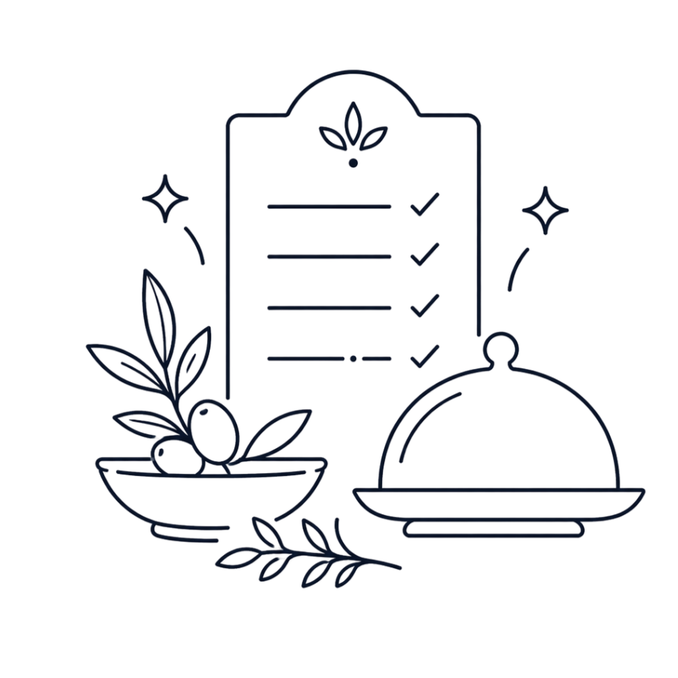 Line drawing of a culinary menu with checkmarks, a covered serving dish, and a bowl of olives with leaves, surrounded by decorative stars and foliage.