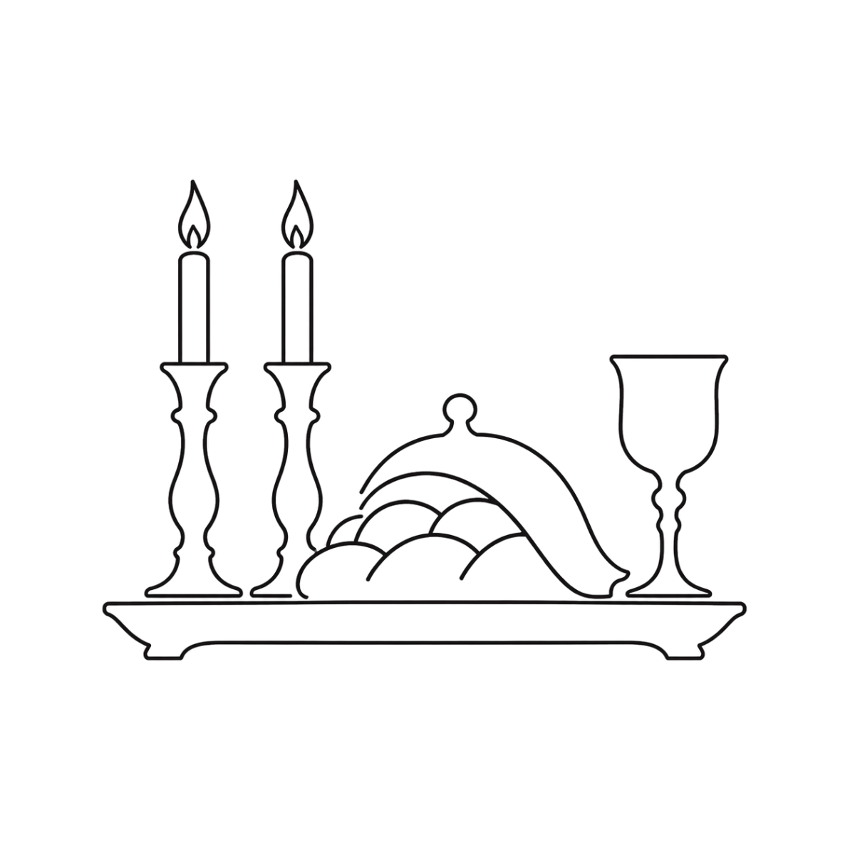 Outline of lit Shabbat candles, a Kiddush cup, and a Challah on a tray