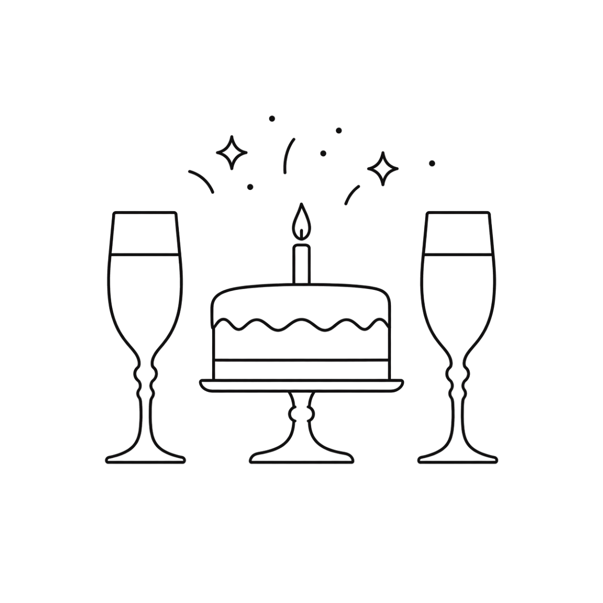 Outline drawing of a birthday cake with a single lit candle, flanked by two champagne glasses, and celebratory confetti and sparkles above.