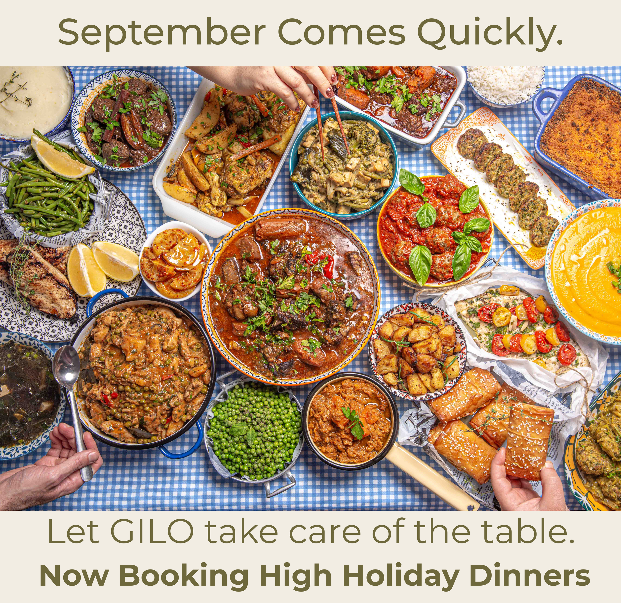 A variety of dishes on a table with a blue checkered tablecloth, including green beans, roast beef, mashed potatoes, and assorted vegetables, with person hands using chopsticks and a plate with stuffed eggplant, breaded casserole, and a roll.