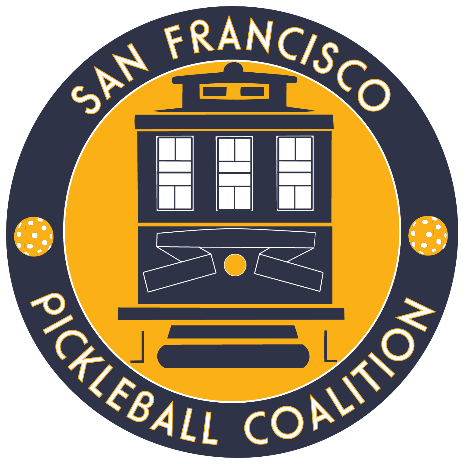 San Francisco Pickleball Organization logo featuring a stylized pickleball court with a net, surrounded by a circular border with text and two pickleball icons.