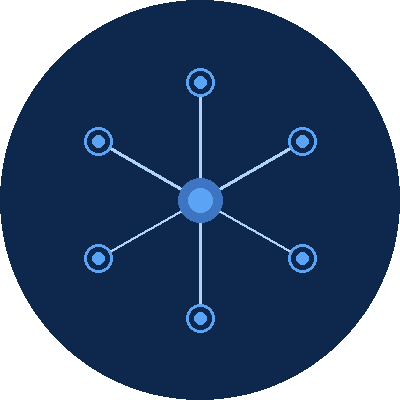 Graphic diagram with a central circle connected to six outer circles via lines, all on a dark circular background.