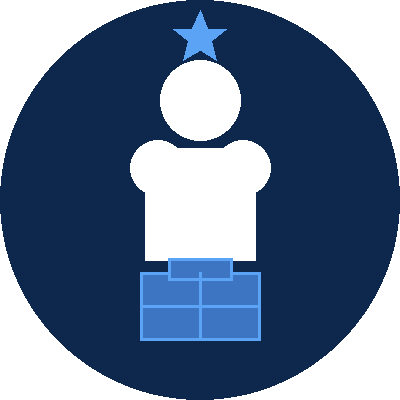 A simple graphic of a person with a star on their head, standing on a gift box inside a blue circular background.