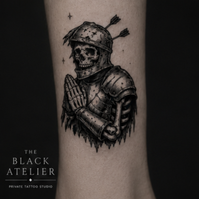 Tattoo of a skeleton in military armor with a helmet and arrows in its back, holding its hands together in prayer.