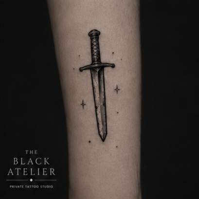 Tattoo of a medieval-style sword with a detailed handle on a person's arm, with small star-like dots around it.
