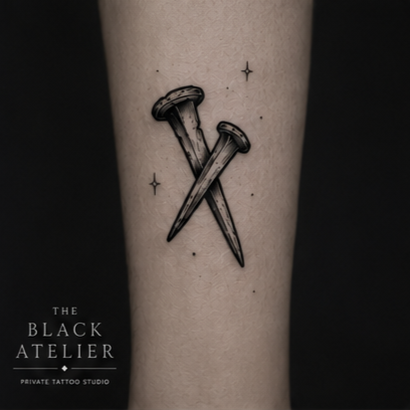 Tattoo of two crossed nails surrounded by small stars on skin.