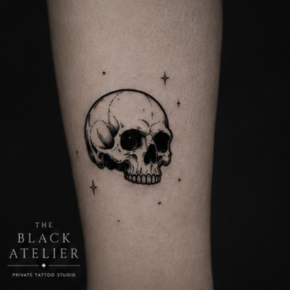 Tattoo of a black outlined skull with stars and small dots around it, on skin.