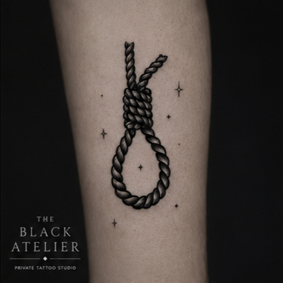 Tattoo of a noose made from a twisted black rope on person's arm, with small star-like designs around it.