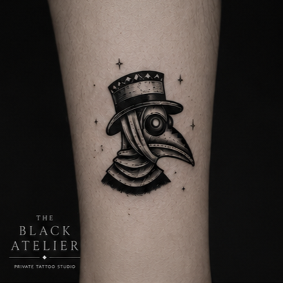Tattoo of a plague doctor mask wearing a top hat with stars and a crescent moon, with a scarf around the neck.