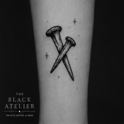 Tattoo of two crossed nails surrounded by small stars on skin.