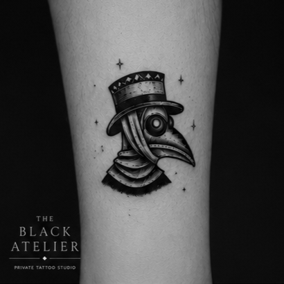 Tattoo of a plague doctor wearing a hat with stars and a cosmic background