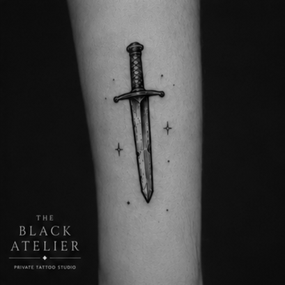Tattoo of a sword with a detailed handle, vertically centered on a person's forearm, with small star-like dots around it, on a black background.