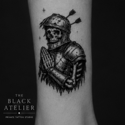 Tattoo of a praying skeleton wearing medieval armor with a helmet and arrows piercing it.