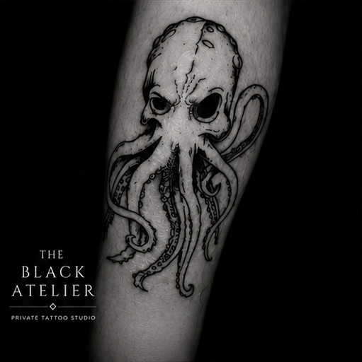 Black and white tattoo of a squid with a skull-like head on a person's arm.