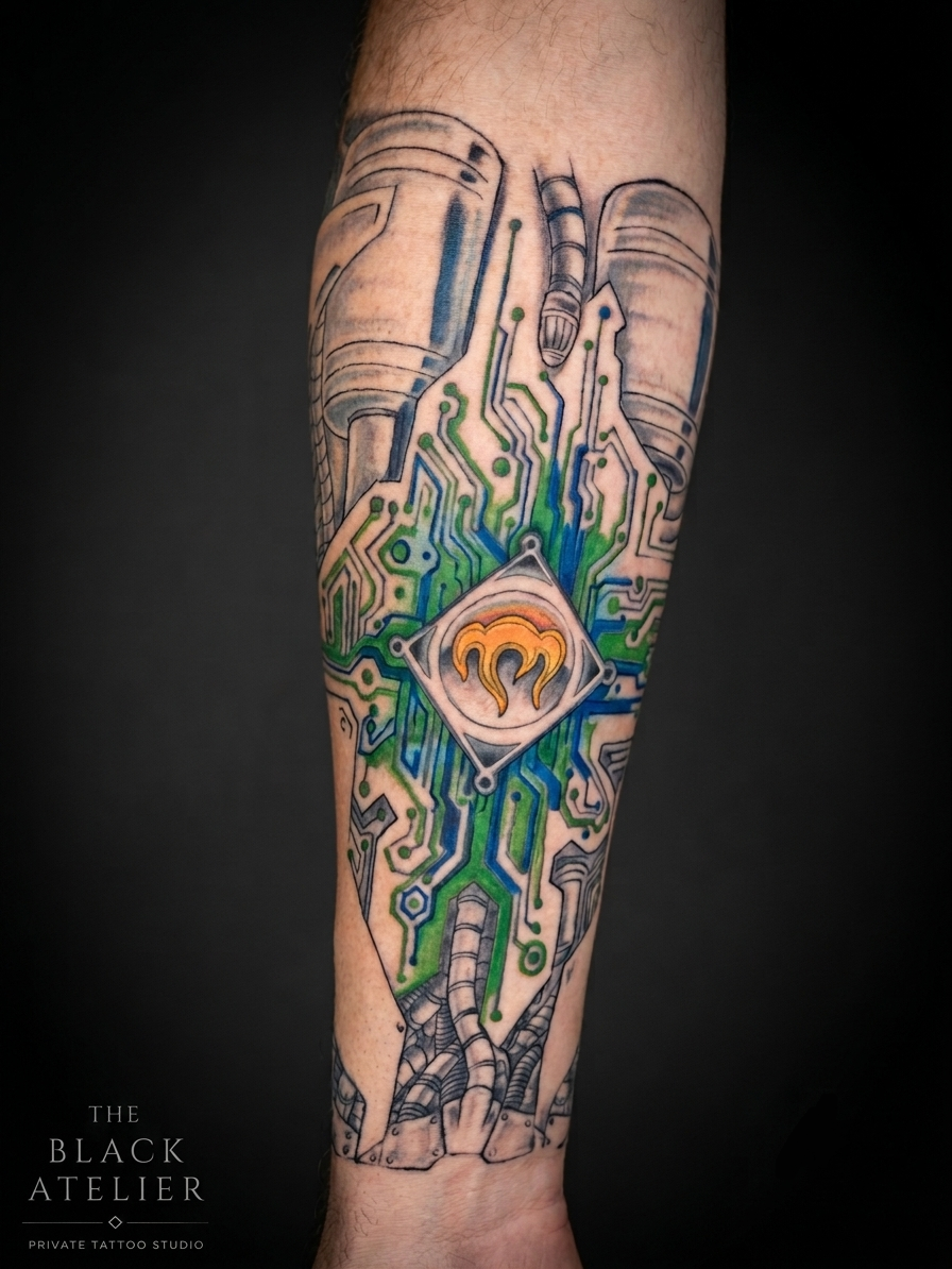 Colorful tattoo on arm featuring circuitry design with a central emblem resembling a double-headed serpent or dragon in orange and yellow, and mechanical and technological elements in blues, greens, and grays.