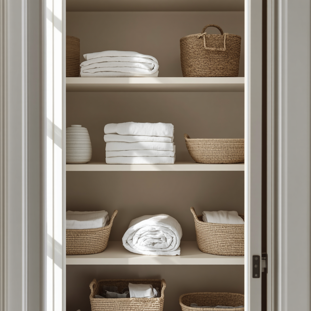 Image of a calm, serene, neatly organized bathroom closet. Towels are neatly folded. Bathroom essentials are organized and easy to find.