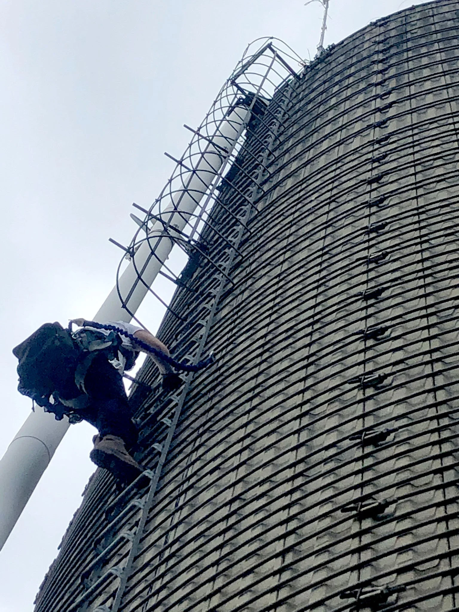 Speiser climbing the exterior of a large building with a wire mesh framework.