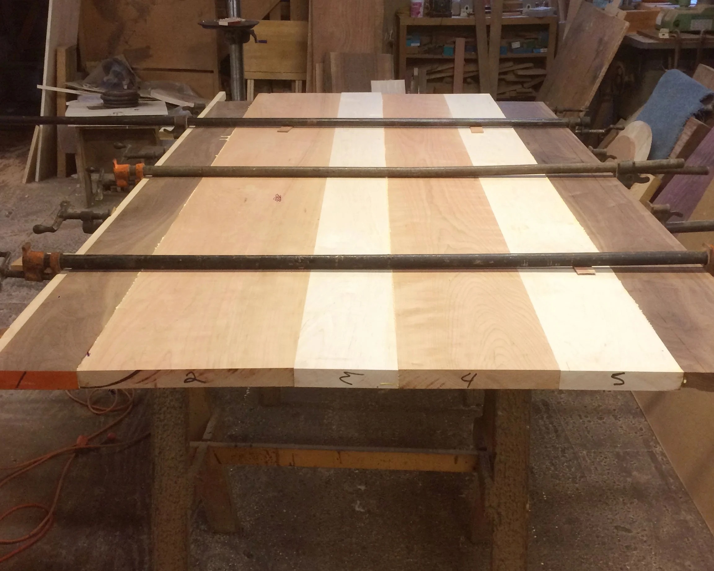 Table top being constructed from several contrasting species