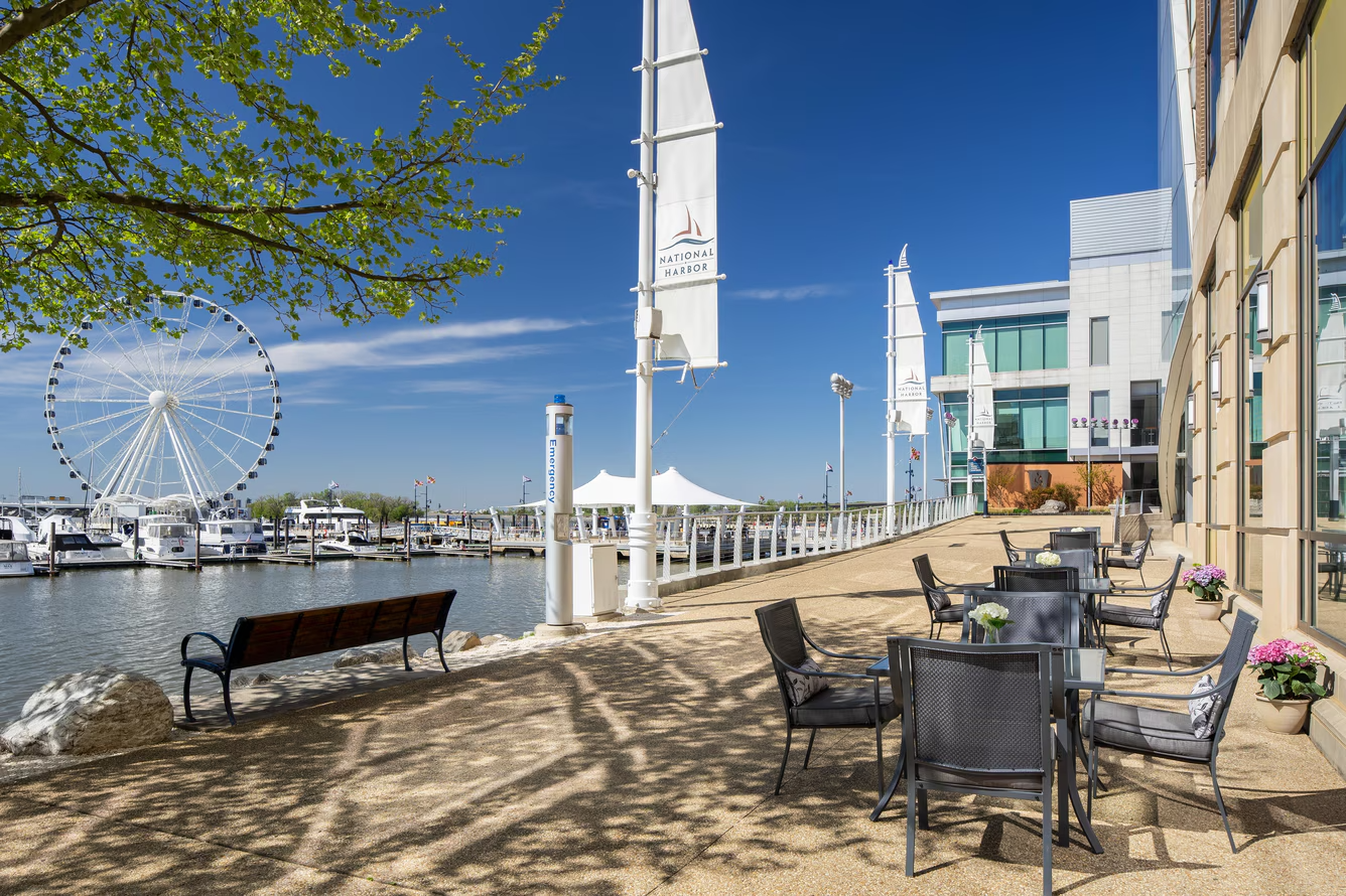 Outdoor patio with tables and chairs at a waterfront restaurant, with a view of boats, a Ferris wheel, and a modern building at a marina on a sunny day.