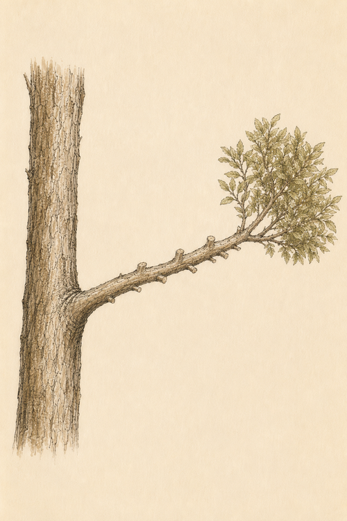 Hand-drawn lion-tailed limb with interior laterals removed and foliage concentrated at the end.